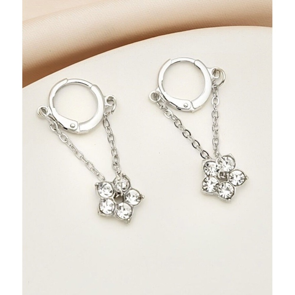 Silver 925 Plated Drop Dangle Flower Hoop Huggie Earring CZ 10mm Women Girl Gift